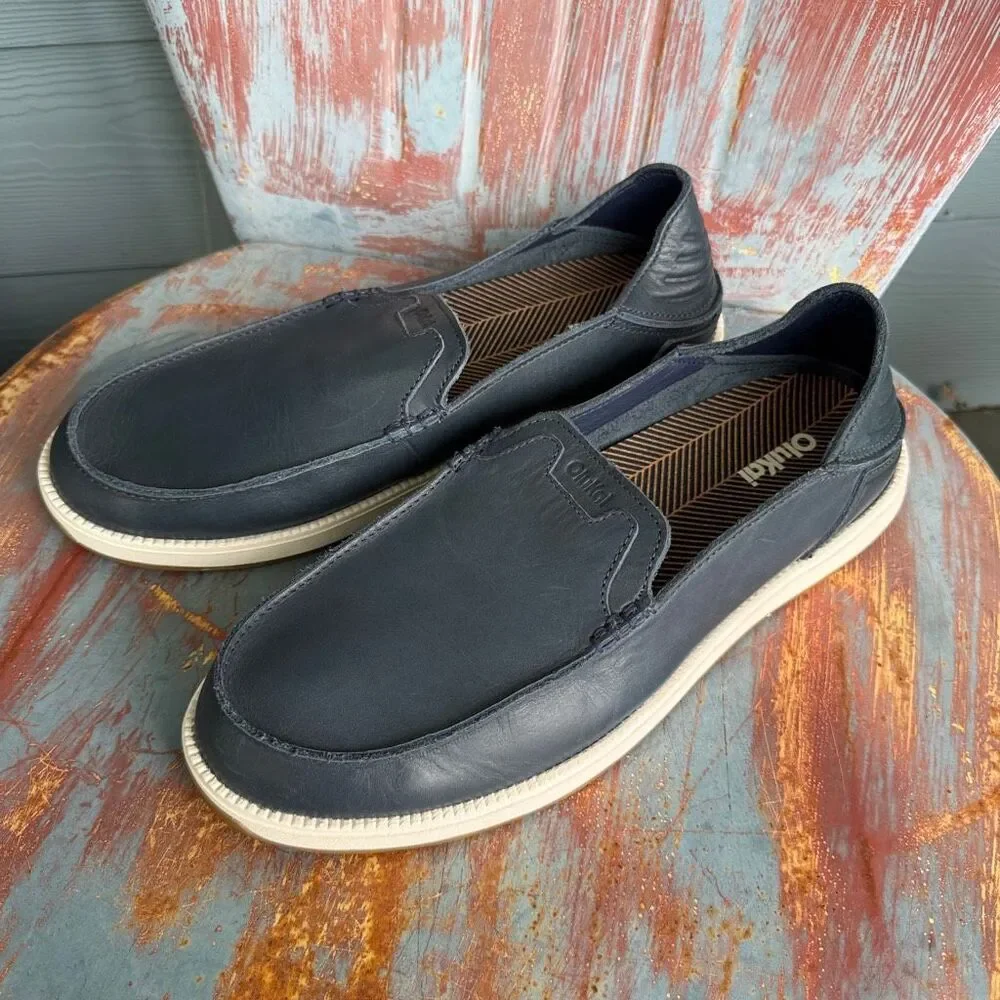 OluKai Kākaha Nia Men's Leather Slip On Loafers Mood Indigo Blue Size 13